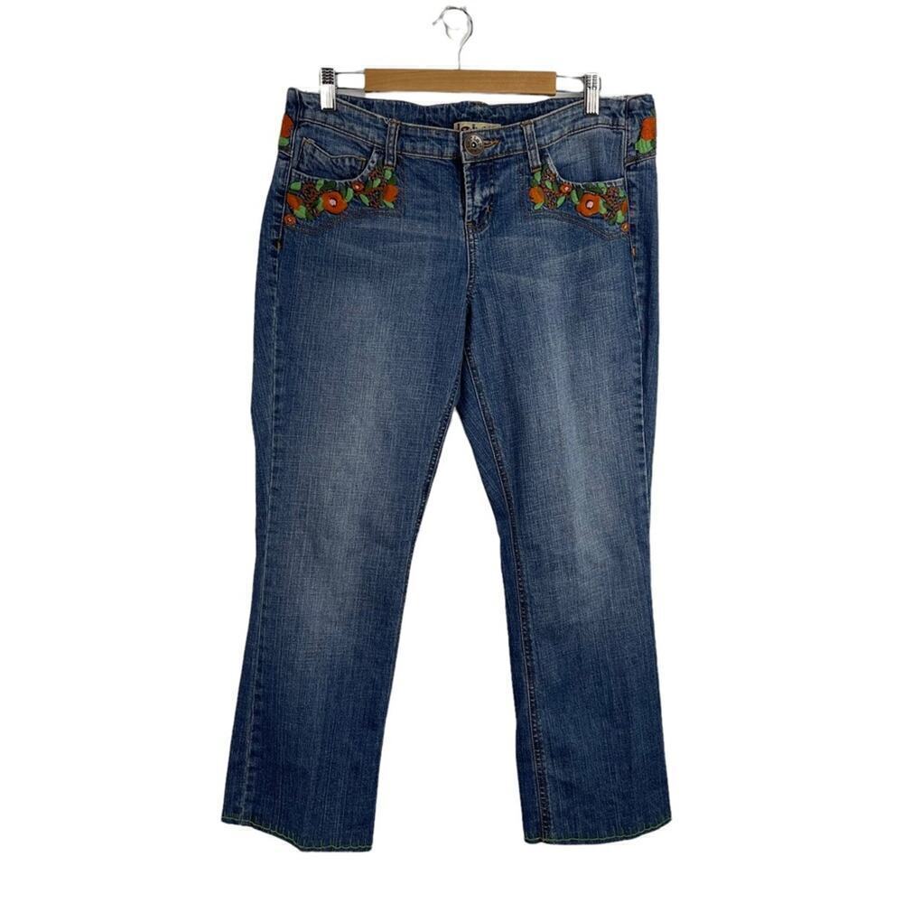 VTG Lei Y2k Blue Denim Low Rise Ashley Jeans Orange Floral Boho Embroidery 15